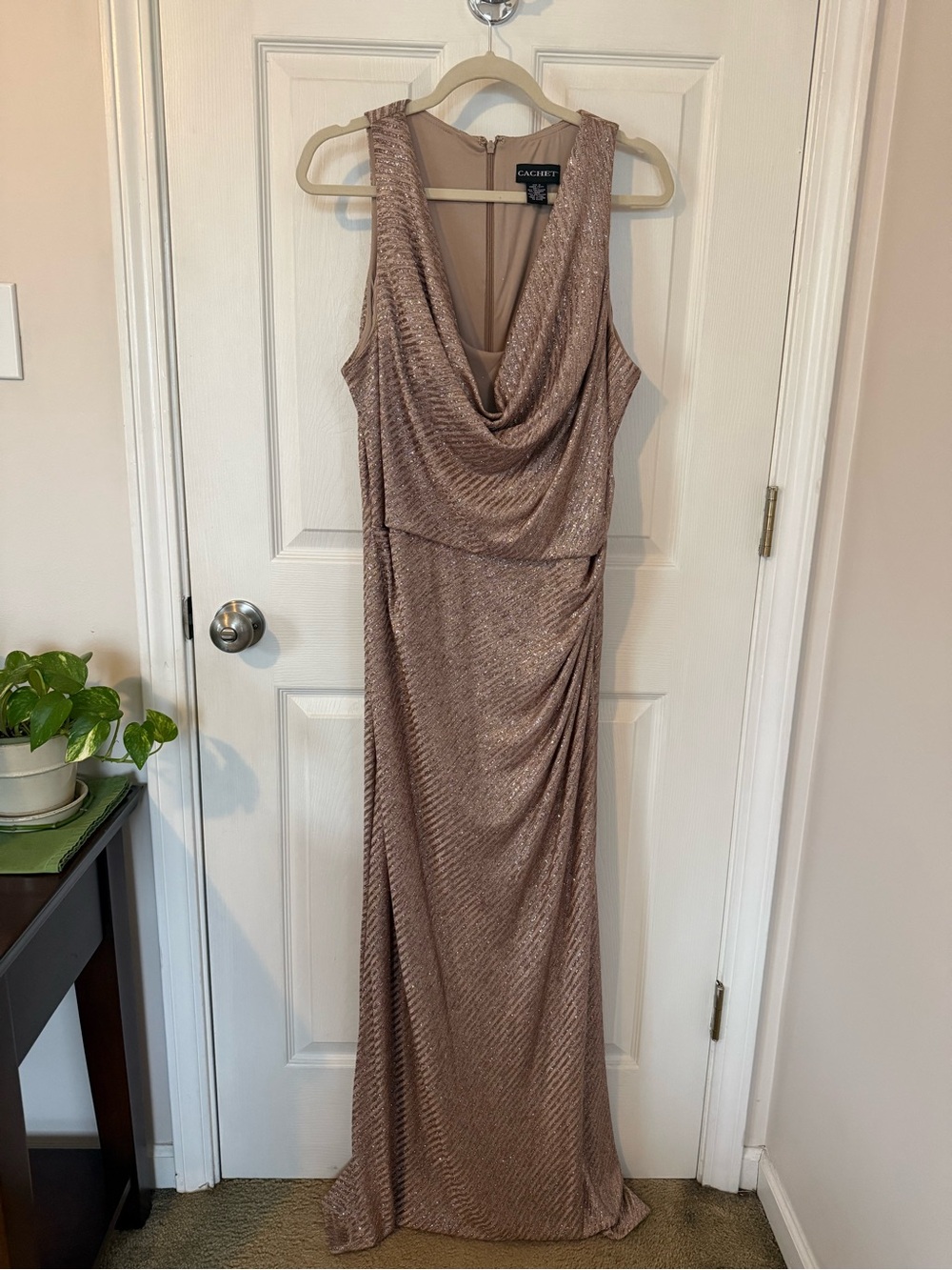 Cachet Shimmery Taupe Cowl Neck Formal Gown